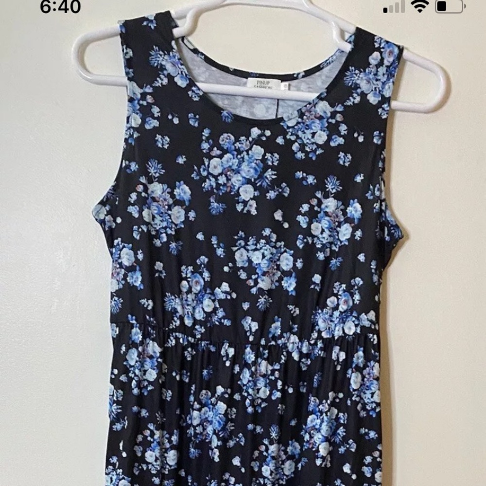 Pinup Fashion Maxi Dress Women Size 14W Blue Floral Print Sleeveless Pockets NWT